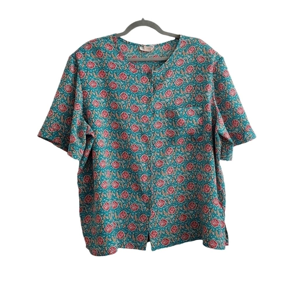 VTG Tan Jay Teal Pink Floral Medallion Button Up Blouse Shirt